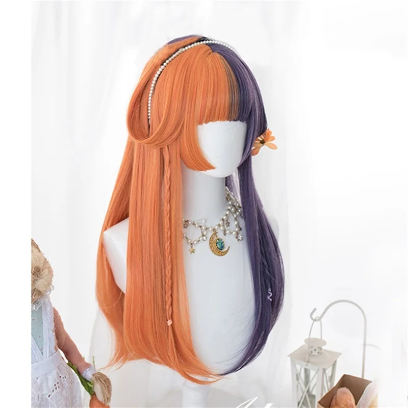 Косплей микс 60 см Лолита Оранжевый Фиолетовый Омбре длинные кудрявые челки милые синтетические волосы и Хэллоуин Дьявол Рога косплей парик