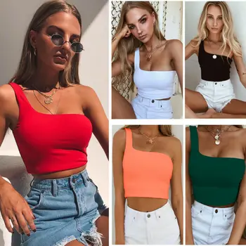 

Women Lady Female One Shoulder Crop Tops Sleeveless T-Shirt Tank Tops Summer Beach Vest Bare Midriff Summer Fashion Clothes