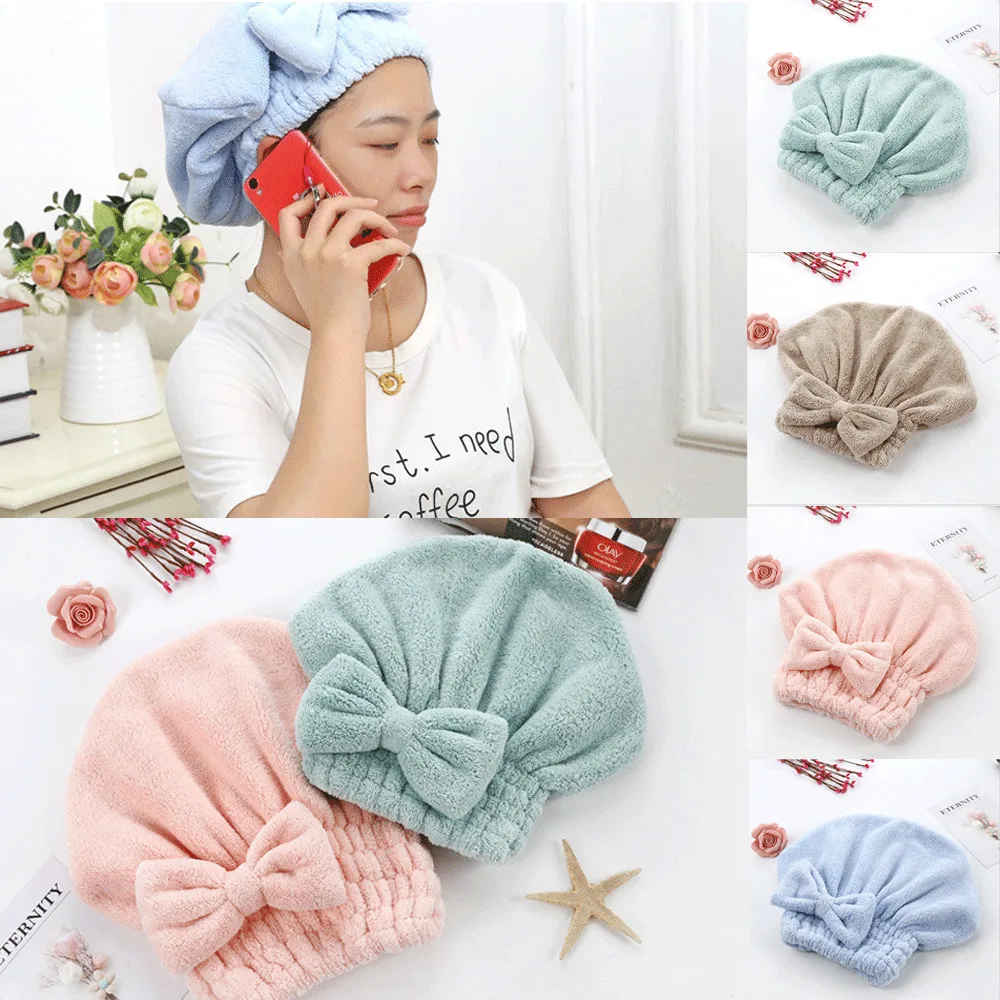 

Adult Quick Drying Hair Shower Cap Bath Head Hat Towel Bow tie Women Strong Absorbent Pink Blue Colors Bathroom Accessory