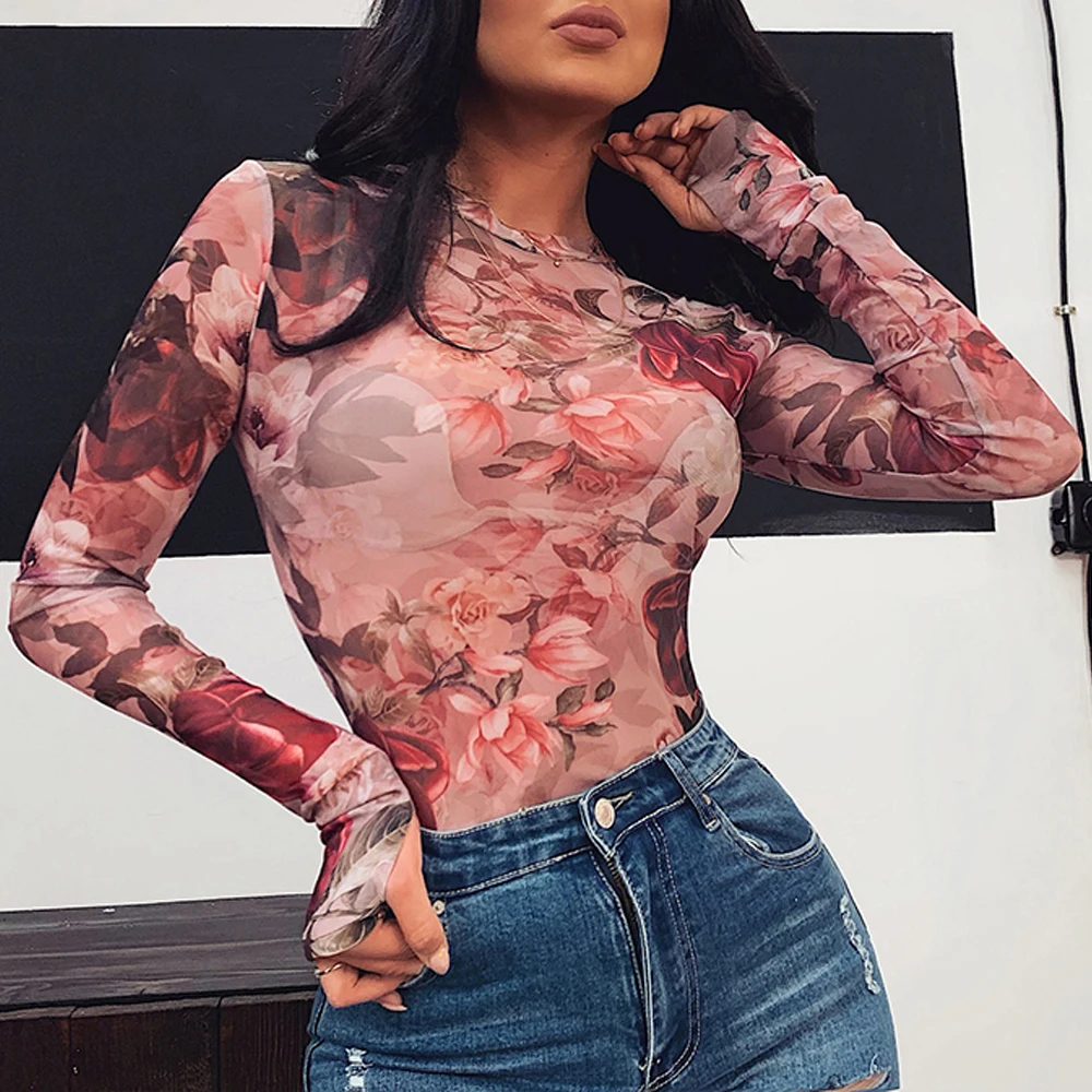 2020 Summer Ladies Slim Fit Leotard Jumpsuit Body T shirts Bodysuit Women Mesh Sheer Long Sleeve Floral Print Romper Skinny Tops