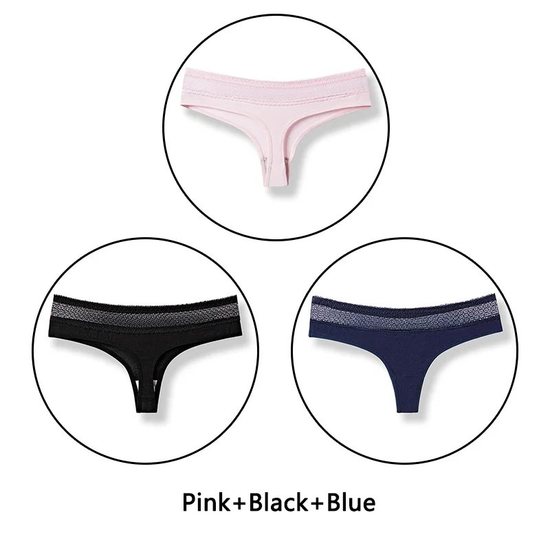 Pink Black Blue 3 шт./партия открытые стринги сексуальные хлопковые трусики женское нижнее белье кружевное мягкое белье с низкой посадкой однотонное стринги бесшовное белье Новинка - Цвет: Pink Black Blue