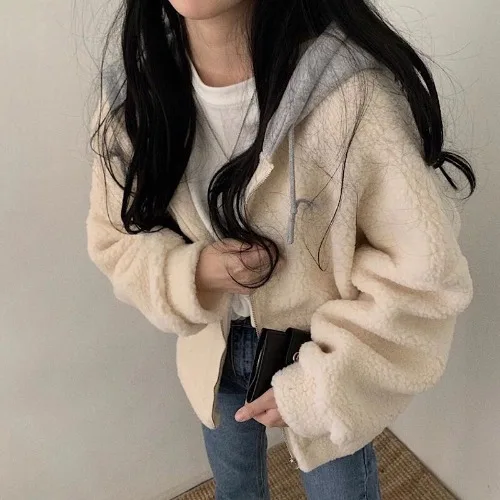 Creamy-white Neploe Lambswool Лоскутные толстовки на молнии для женщин и мужчин зимние теплые толстовки с капюшоном новые корейские повседневные Джемперы куртка 55239 - Цвет: Creamy-white