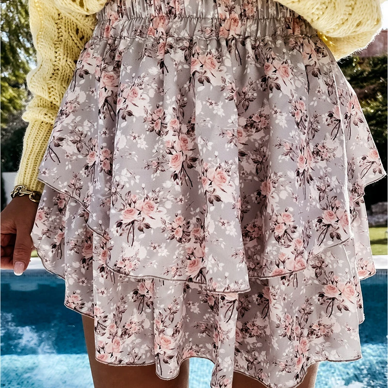 Floral Print Double Layer Short Skirt Elastic High Waist Design Casual Sweet Cool Elegant 2021|Skirts| - AliExpress