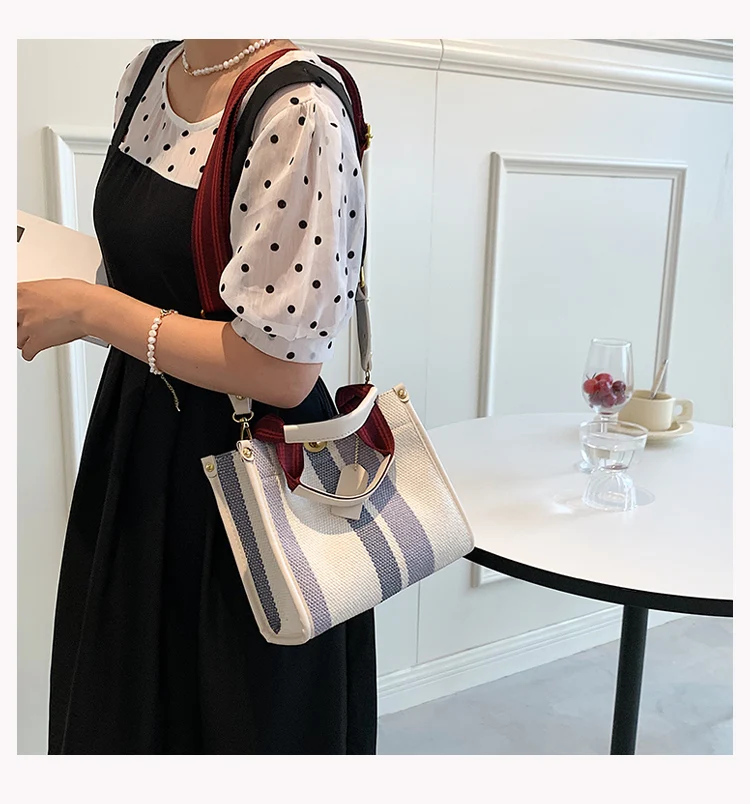 Fashion Striped Canvas Women Shoulder Bag Big Capacity Shopper Bags For Women Casual Wide Strap Handbag Women's Bag Commute Tote