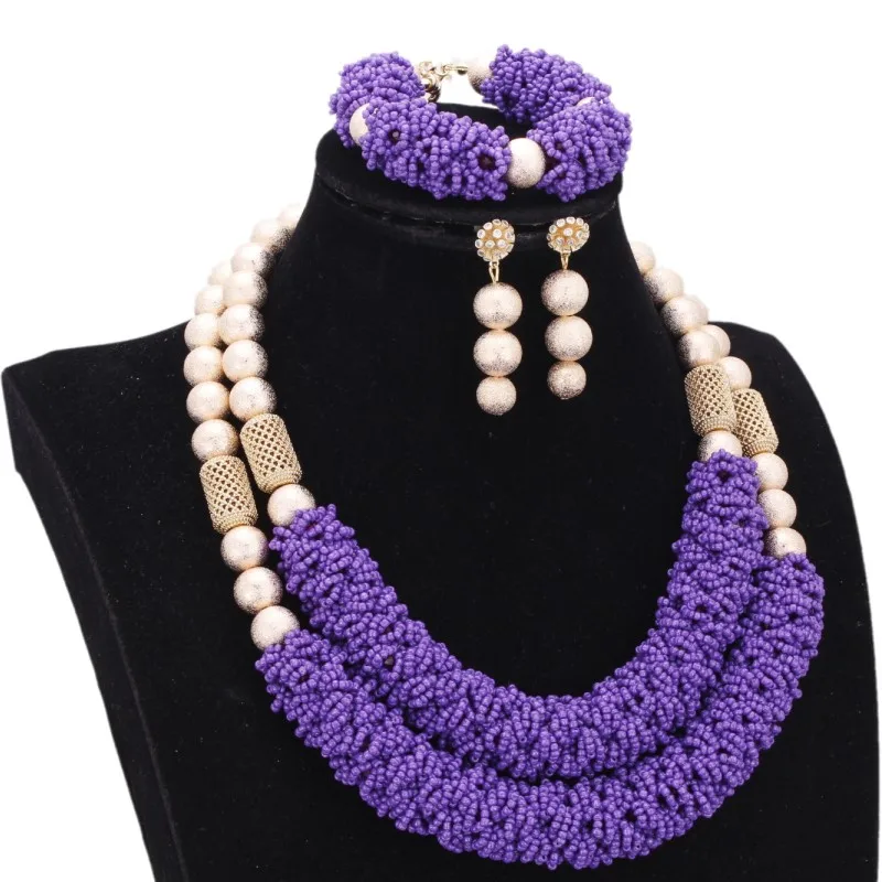 Purple Fine Jewelry Sets For Women Gold Color Balls African Set Jewelry Nigerian Wedding Beads Sets Free Shipping 2018 Fashion