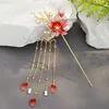 FORSEVEN Gold Color Red Flower Pearls Long Tassels Hair Sticks Hairpins Chinese Wedding Bridal Bride Hair Jewelry Headpieces ► Photo 3/6