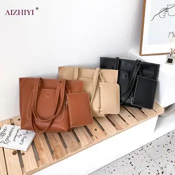 

2pcs/Set Fashion Large Capacity Shoulder Bag Women PU Leather Simple Clutches Shopping Handbags Travel Totes Composite Set