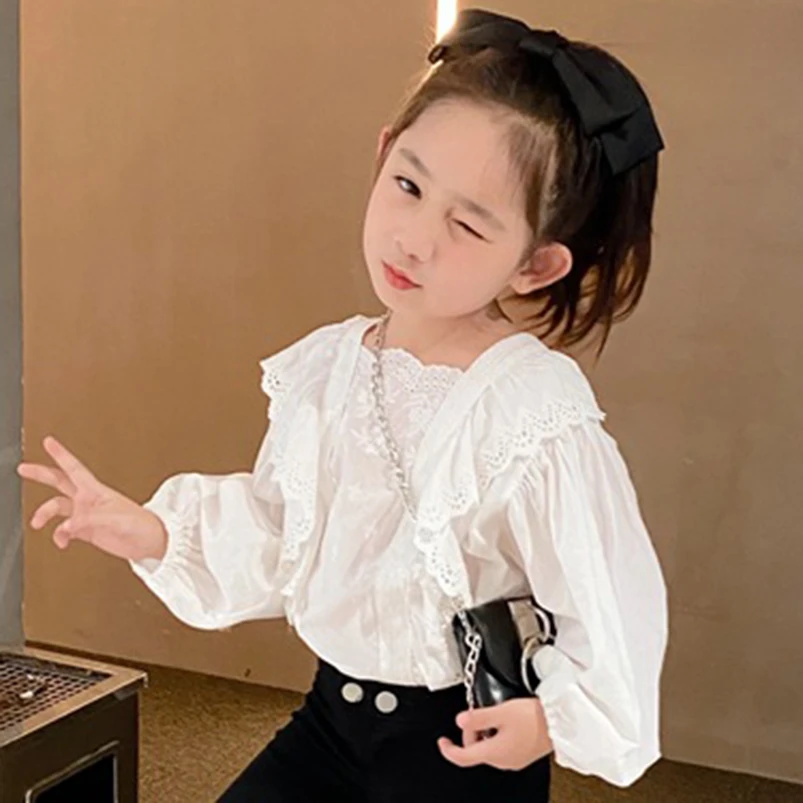 Blusa elegante de princesa camisas blancas, camisa de encaje de algodón, Tops de manga larga para bebés, prendas de vestir para niños, jersey de 2 a 8|Blusas y camisas| - AliExpress