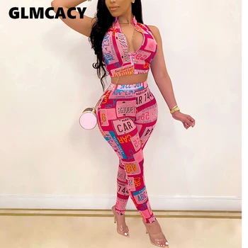 

Women Letter Printed Two Piece Tracksuits Sexy Sleeveless Crop Top and Skinny Long Pants Set Chic Clubwear