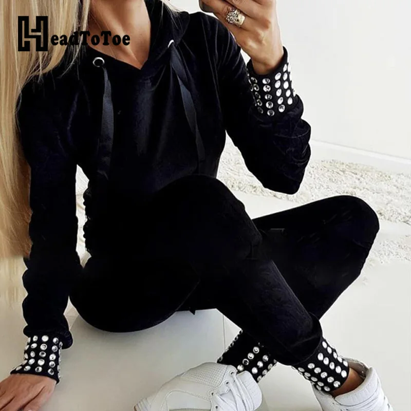 

Hot Stamping Hooded Drawstring Top & Pants Sets Women Two Piece Set Outfits Autumn Winter Casual Sweat Suits