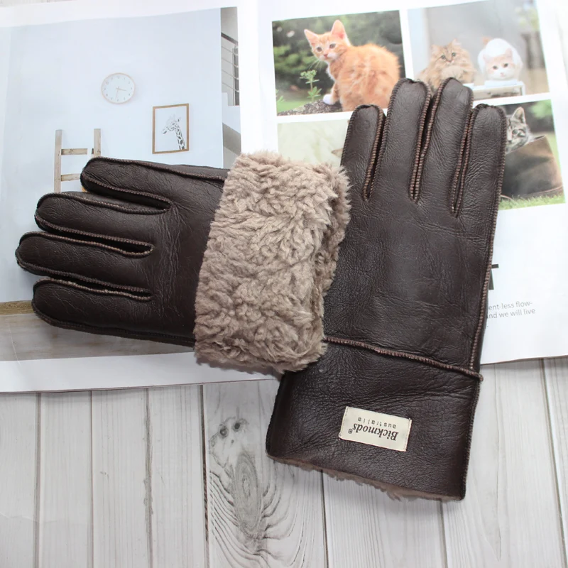 New winter warm men's sheepskin fur gloves leather thick wool