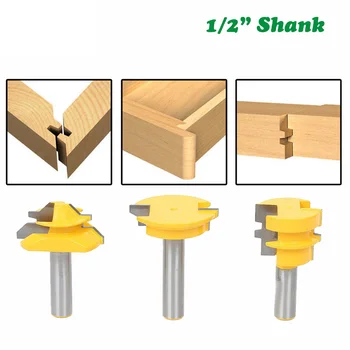 

3PC/Set 1/2" 12.7MM Shank Milling Cutter Wood Carving 45 Degree Lock Miter Bit Glue Joint Tenon Router Bits Set Drawer Molding
