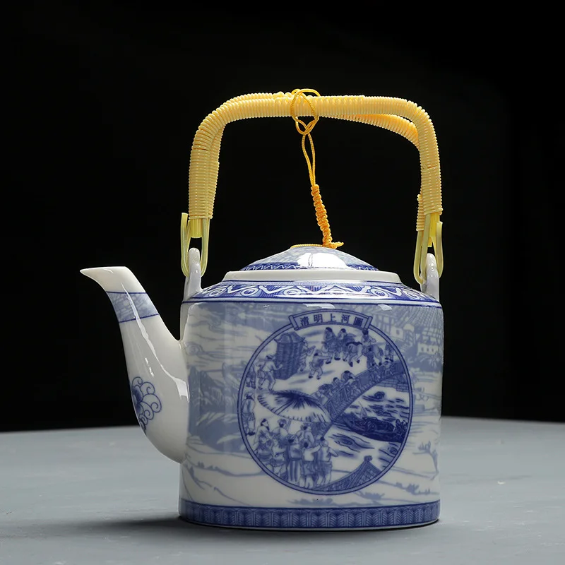 800 мл керамический чайник, китайский стиль, ручная печать, синий и белый фарфоровый чайник, Бамбуковая деревянная ручка, кухонные принадлежности - Цвет: 7