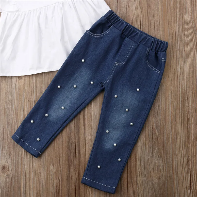 Kids Girl Clothes Sets Ruffle Sleeveless Top Dress Pearl Denim Pants