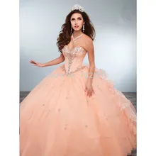 Персиковые Бальные платья, бальное платье, милое платье из органзы с оборками, украшенное кристаллами из бисера, недорогое милое платье 16
