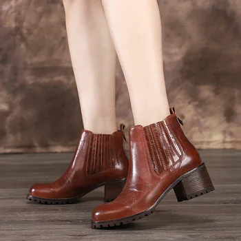 

2019 Autumn and Winter new Square heel Chelsea Boots women's Retro Genuine Leather handmade shoes brown female Ankle Boots