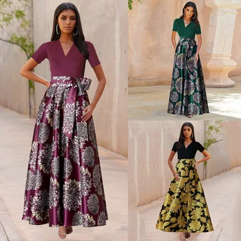 

Summer Satin Evening Dress 2020 Elegant V Neck Short Sleeve Contrast Color Flower Printed Long Dress Vestido De Festa Longo