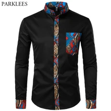 Мужская рубашка в африканском стиле, Повседневная рубашка с длинным рукавом, Стильная мужская рубашка с этническим стоячим воротником, мужская рубашка с карманом, Hombre