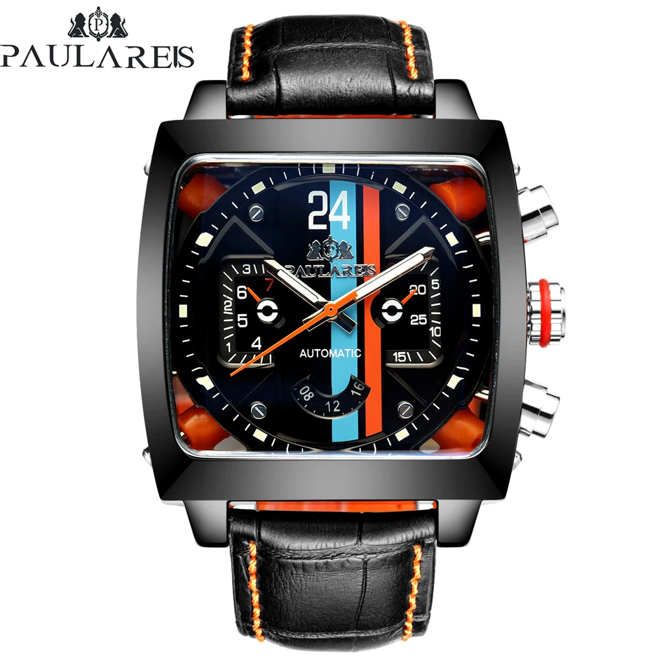 Automatic Self Wind Mechanical Genuine Leather Stainless Steel Black Orange Blue Casual Perspective See Through Men Watch afbeelding