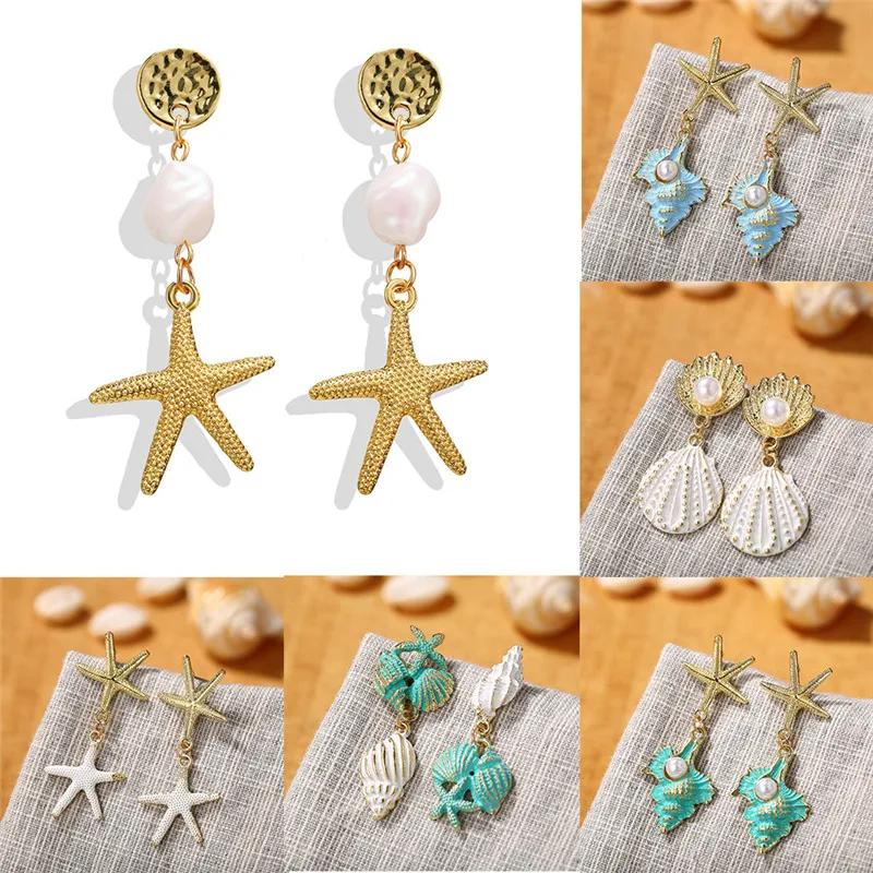 

AY Fashion Painting Alloy Shell Earrings For Women Retro Imitation Pearls Starfish Dangle Earring Wedding Bridal Jewelry Gift