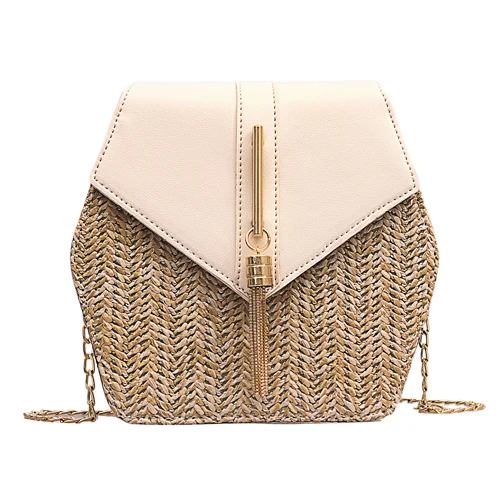 Beige B JXYQMHF Новая мода шестигранный Mulit стиль соломы+ pu сумка сумки женские летние плетеная Сумка из ротанга ручной работы Тканые Пляжные bolsa feminina - Цвет: Beige B