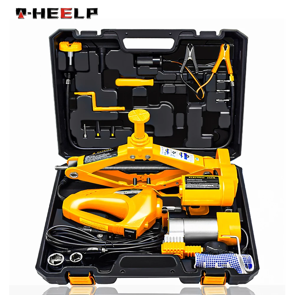 E-HEELP Voiture Électrique Cric Levage Set 12V 3 en 1 Intégré Flash LUMIÈRE LED Avec Clé À Chocs Et Pompe À Air Vérins de voiture A02