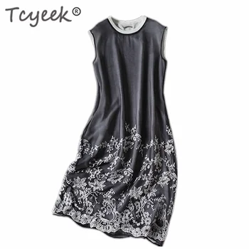 

Tcyeek Summer Dress Women Vintage Real Silk Dresses Woman Clothes 2020 Elegant Embroidery Sleeveless Long Dress Party Vestidos
