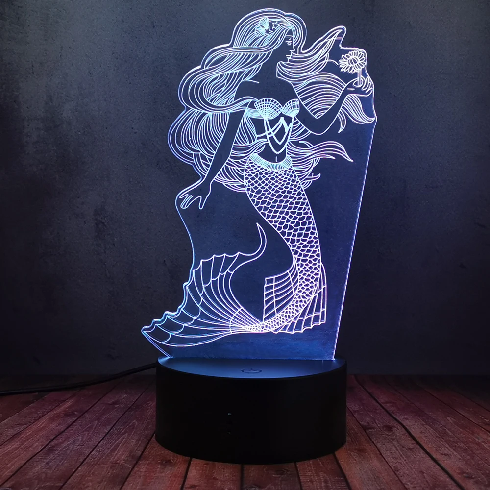 Mermaid Princess taking flowers 3D Illusion LED RGB Night Light Drop Shipping Muticolors Sleeping Room Decor Mood Lamps Lamp | Лампы и
