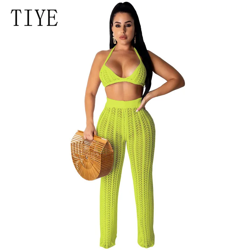 

TIYE Sexy Perspective Two-Piece Set Knitted Grid Jumpsuit Women Openwork Sleeveless Off Shoulder Playsuit Summer Beachwear