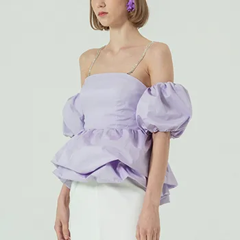 

T-shirt Women Square Collar Puff Short Sleeve Asymmetric Diamonds Sling Shirts Female Elegant Fashion 2020 Summer New P416