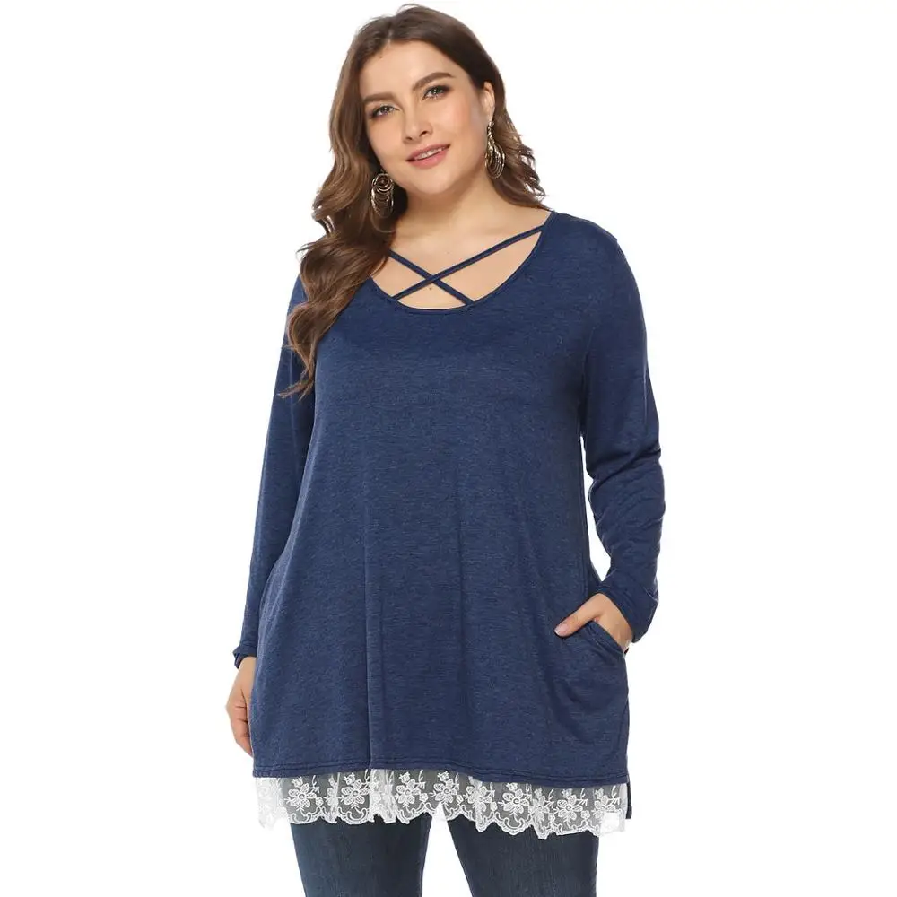 

Long Sleeve TShirt Women Loose Lace Patchwork Pockets Round Neck Autumn Long Length Casual Cotton Spring tshirt Tops Ladies