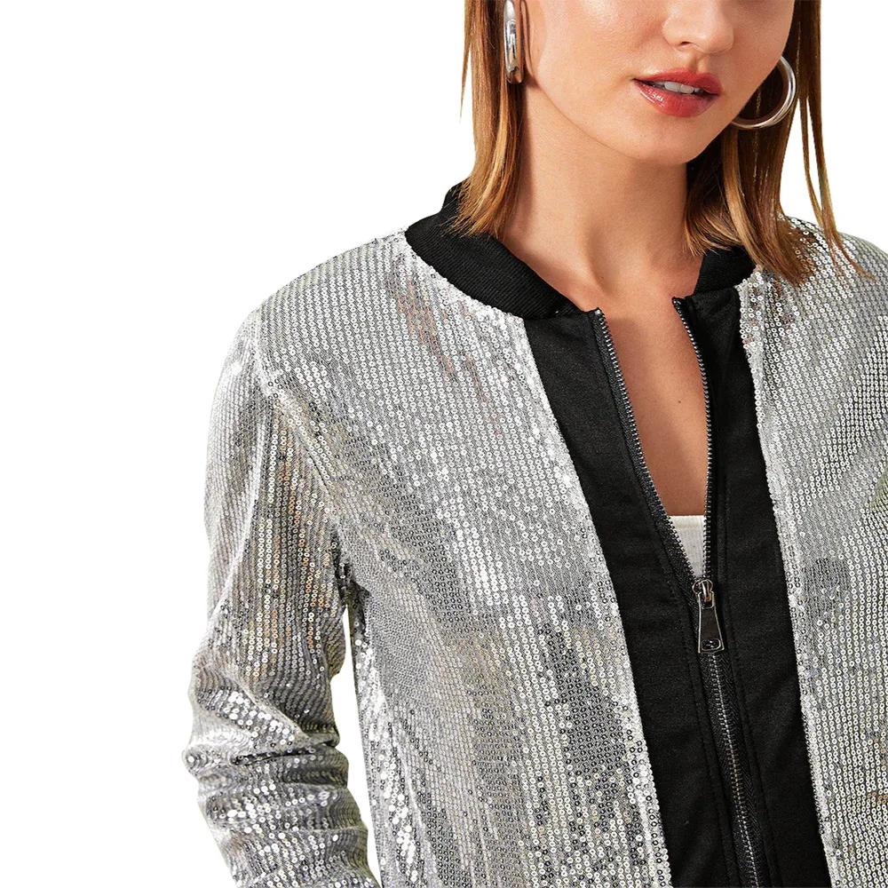 Echoine Women's casual silver sequin bomber jacket female sexy streetwear windbreaker ladies coats autumn winter outerwear