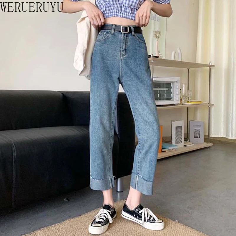 

New Women Jeans Vintage Wide Leg Female Trousers Casual Loose All-match Chic Classic Solid Soft Roll Up Hem Korean Style FOR2020