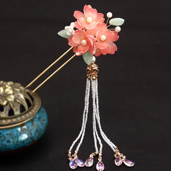 

New Retro Chinese Style Hairpins Clips Flower Leaf Tassel Pendant Pearls Hair Fork Sticks for Women Girls Hanfu Dress