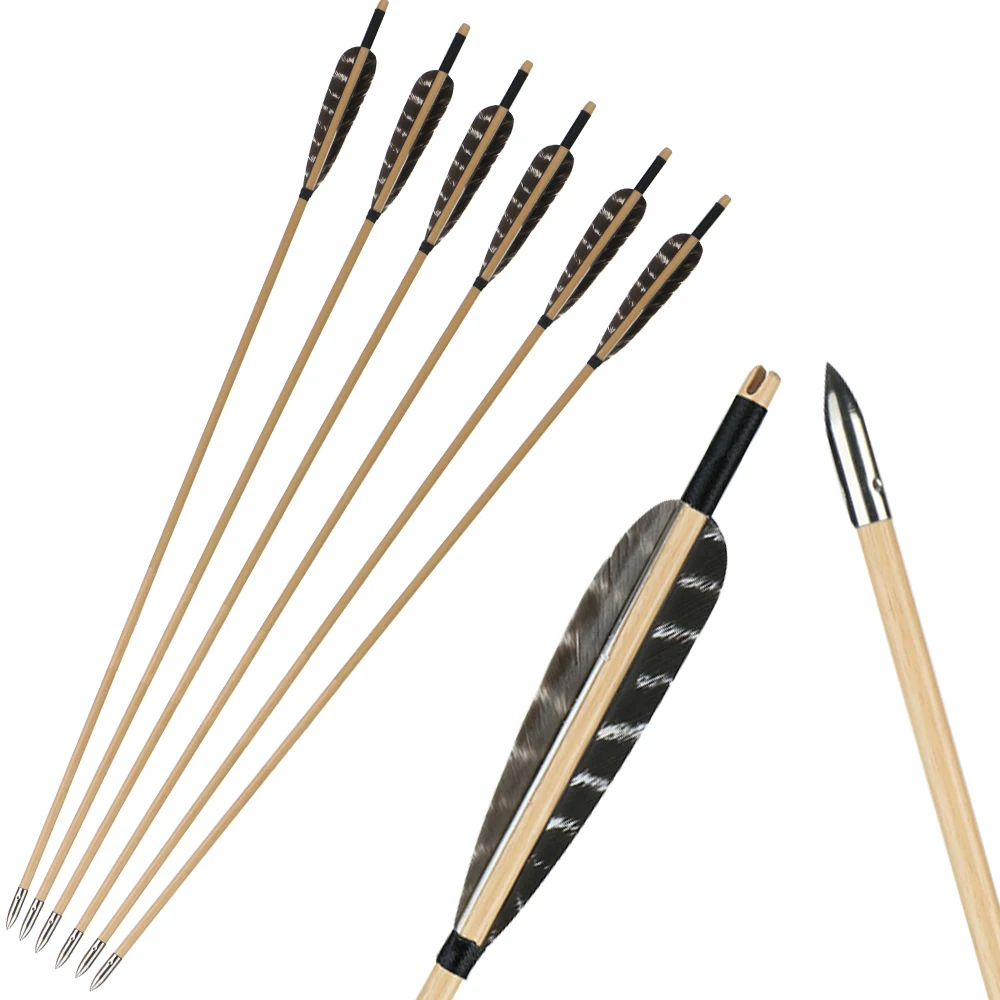 Feida 6 or 12 Pcs Pure Handmade Archery Wooden Arrow with Pheasant Turkey Feather Fletching Practice Target Arrows with Silver Point for Traditional Recurve Bow or Longbow 