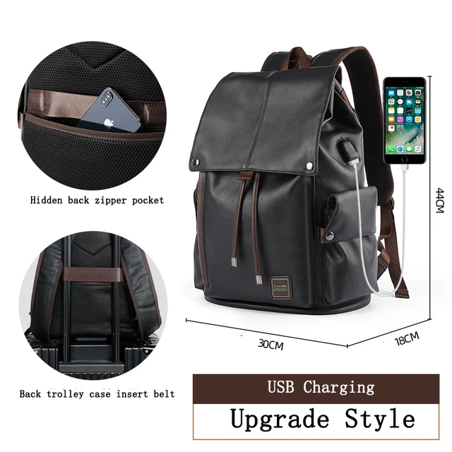 2020 Men Backpack Lether Vintage For Teenager Laptop PC Portable Bags Designer Boys Travel Backpack Thin School Luxury Mochila Upgrade A Black