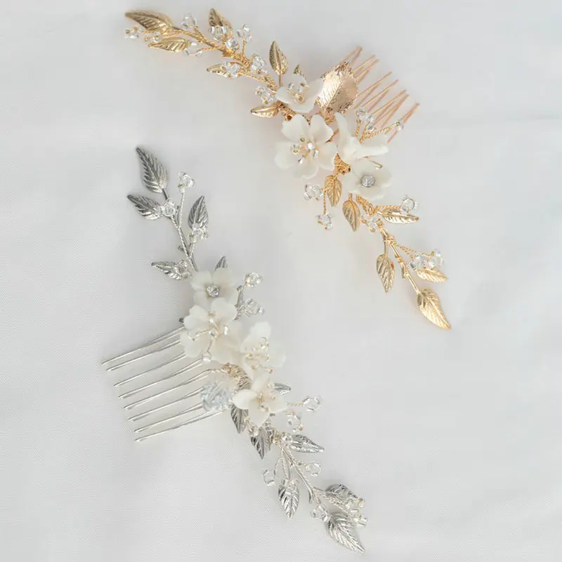 

Gorgeous Ceramic Flower Bridal Hair Comb Handmade Golden Leaf Hair Comb Shiny Crystal Bridal Hair Accessories