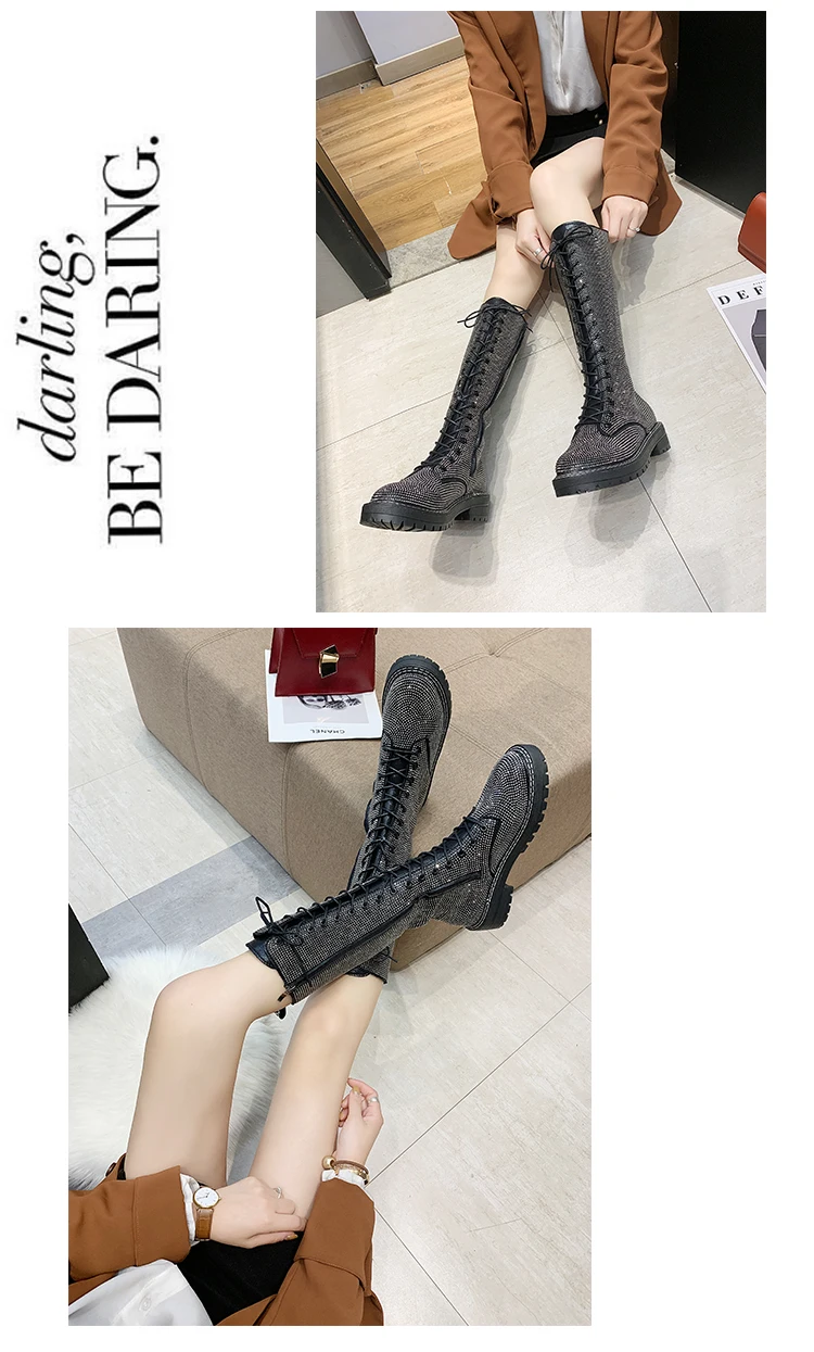 Fashion Sexy Women's Lace-Up Knees High Long Boots Bling Rhinestone Leather Platform Martin Boots Black Silver Zapatos Drop Ship