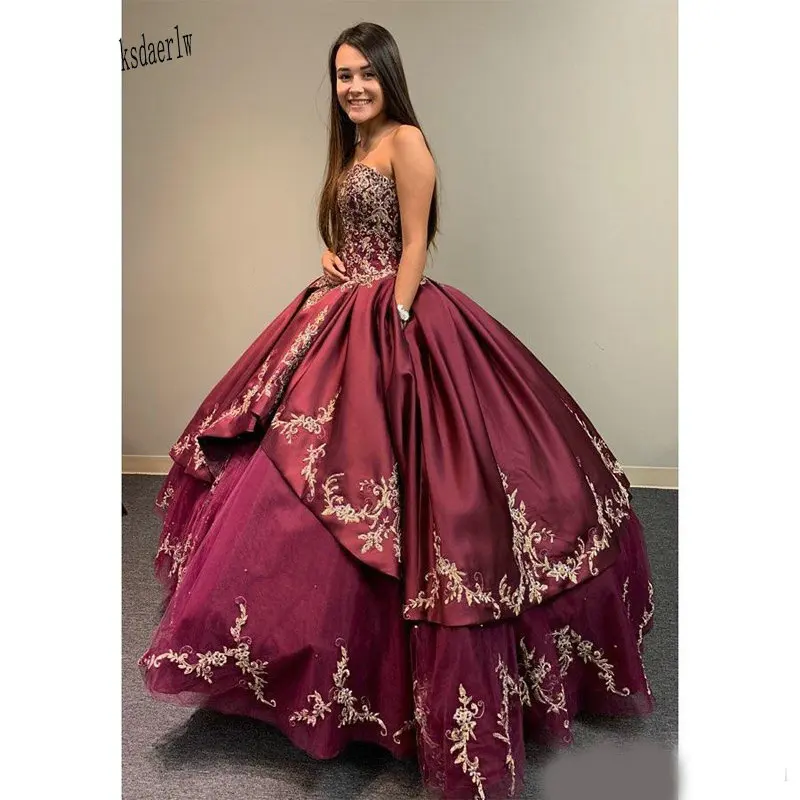 Modest Burgundy Gold Embroidery Quinceanera Prom dresses Sweetheart Satin Beadeds Ball Gown for Girls Party Sweet 15 Vestid