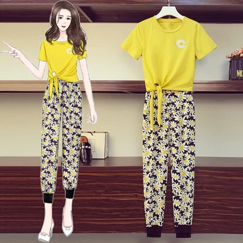 

2020 Summer Daisy Cloth Women Large Plus Size 5XL sports suit Top And Pant Two Piece Set Sportwear Tracksuit Matching Set outfit
