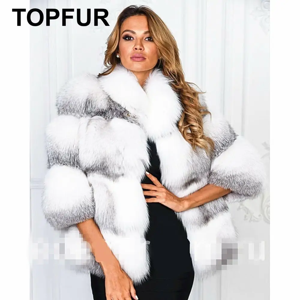 TOPFUR, модные зимние женские короткие пальто, пальто из натурального меха для женщин, верхняя одежда из белого лисьего меха и пальто, воротник с лацканами и половинными рукавами