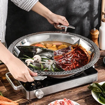 

Commercial two-flavor hot pot 304 hammer printed stainless steel stewpot thickened large size chafing dish induction cooker