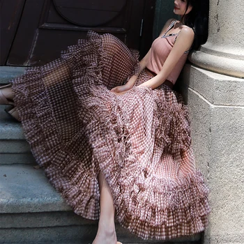 

LANMREM Pre-sale 2020 mesh skirt pleated irregular yarn vintage elastic waist patchwork design A- line skirt long summer YJ468