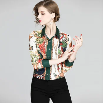 

Women Shirts 2020 Floral Birds Print Long Sleeve Turn Down Collar Blouse Leisure Shirt Top Color Collision Plus Size Blusas