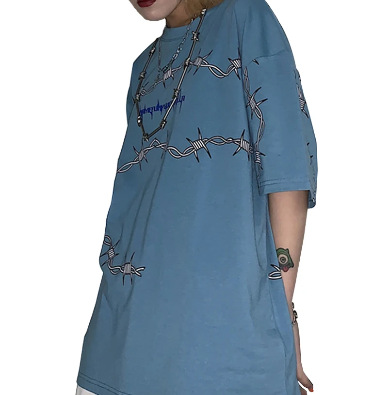Корейский стиль, женская футболка с шипами, с принтом, лето, Harajuku Ullzang, модная футболка, с графическими буквами, футболки для женщин - Цвет: Blue