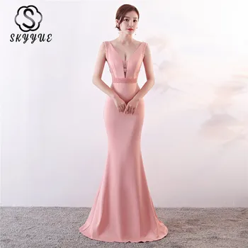 

Skyyue 2019 Empire Tank Evening Dress Elegant Mermaid V-Neck Women Party Dresses Solid Sleeveless Robe De Soiree C190
