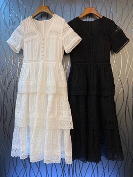 

2020 Spring and Summer New Women's V-neck Lace Embroidered Stitching Decorations Short Sleeve Solid Color Long Dress 603