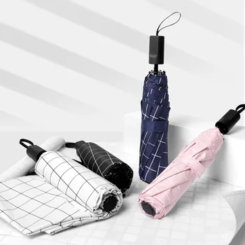 

Creative 8 bones Three fold vinyl plaid umbrella Manual windproof Sun umbrella black umbrella rain umbrella Black Coating