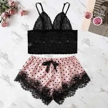 

Sexy Lingerie Set Velvet Sleepwear Women Satin Lace Silk Print Camisole Shorts Bow Set Pyjamas Women Lingerie pijama mujer