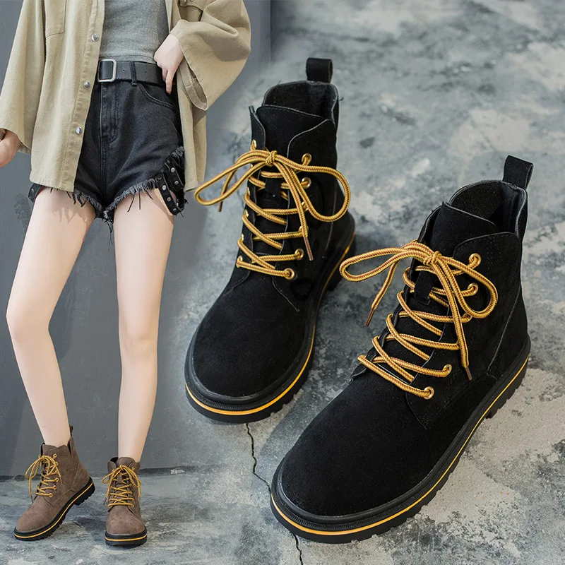 

2019 Autumn New Style Korean-style round-Toe Suede Mixed Colors Lace-up Low Heel Martin Boots Women's Fashion Short Locomotive W